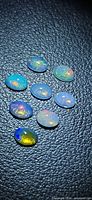 Eight oval opal cabochons on textured black background