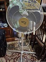 Full view of pedestal fan showing cage, stand, base and cord