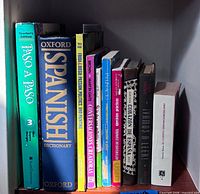 Spine view of eleven Spanish and bilingual learning books on shelf