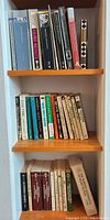 Three bookshelf shelves filled with assorted paperback classics and literature titles