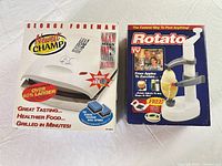 George Foreman grill box and Rotato peeler box side by side