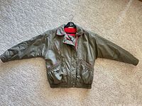 Front view of olive bomber jacket showing black trim, red lining, elastic hem, pockets