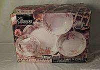 Retail box showing Gibson Roseland 20-piece fine stoneware set information