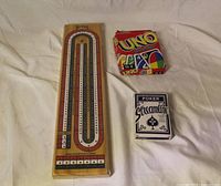 cribbage board, UNO box, Streamline playing card box