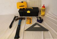 All hand tools and storage containers laid out for overview