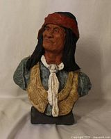 Front view of polychrome bust sculpture depicting Geronimo