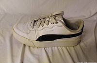 Left side view of entire sneaker showing upper, stripe and general wear