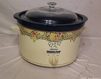Rival Crock-Pot slow cooker showing floral exterior, blue rim and glass lid