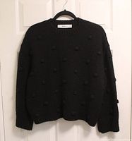 Front view of black Zara Knit pom-pom sweater on hanger