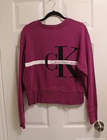 Front view of magenta Calvin Klein Jeans sweatshirt on hanger