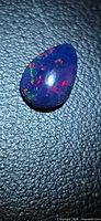 Top view of pear-shaped black opal showing multicoloured flashes