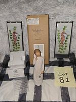 Full lot showing Willow Tree figurine with box, foam insert, card and two seahorse tiles