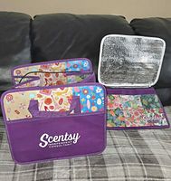 Organizer and thermal bag side by side showing exterior branding and interior patterns