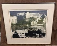 Full view of framed etching showing image, mat and frame