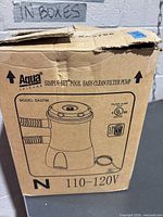 Front of original Aqua Leisure box showing model and voltage