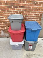 Stack of five plastic totes showing colors and sizes