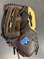 Full exterior view of glove showing brown leather, tan palm, H-web, lacing, light wear