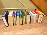 Spines of all fifteen books standing to show thickness and mix of formats