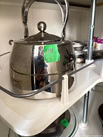 Front view of polished stainless steel Palm tea kettle on shelf