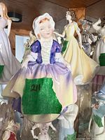 Front view of Royal Doulton Dinky Do figurine showing pastel dress and seated pose