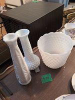 All three milk glass pieces together showing patterns and condition