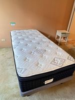 Twin mattress on grey platform base in room