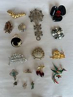 Group shot of all fifteen brooches and pins laid out