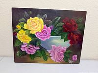 Front view of signed canvas print showing roses in bowl