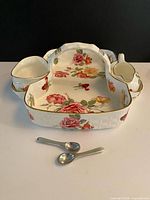 Full set showing tray, two porcelain pieces, two metal spoons
