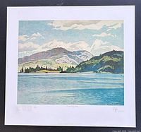 Full view of lithograph on white sheet, landscape image centered