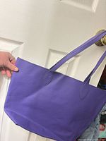 Full exterior view of purple tote bag hanging from door handle