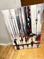 Front view showing entire canvas artwork with city scene and figures