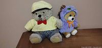 Two individual dressed bears: grey bear with cap and brown bear in purple costume