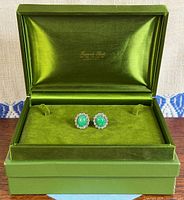 Earrings set inside open green display box