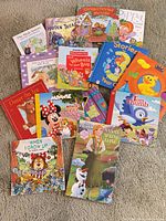 Group shot of all 14 children’s books laid out on carpet