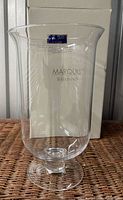 Front view of clear Marquis by Waterford hurricane vase with box