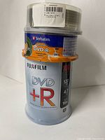 Fujifilm 100-pack DVD+R spindle and Verbatim 25-pack DVD-R spindle stacked