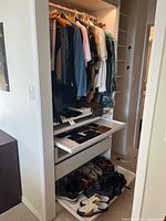 Closet view showing hanging shirts, shoe rack and shelves