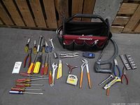 Overall view of Husky tote, air pump and assorted hand tools