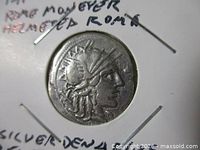 Obverse of denarius showing helmeted Roma