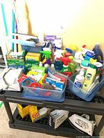 Overall view of cleaning products on cart shelves