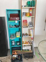 Full view of shelving units with tools and supplies