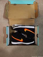 Shoes in open Nike SB box showing lateral sides and swoosh design