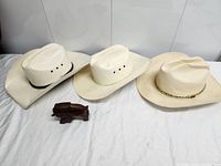 Front view of three straw cowboy hats and wooden buffalo