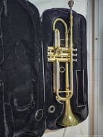 Full trumpet inside open case showing overall condition and accessories