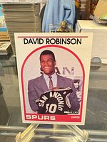 Front view of 1989 NBA Hoops David Robinson rookie card on stand