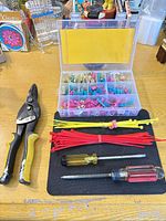 Full lot view with organizer box of terminals, Husky snips, two screwdrivers, zip ties