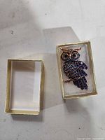 Owl brooch in box and box lid