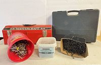 Full lot with Mastercraft toolbox, grey socket case, red pail, clear tub, cardboard box of screws