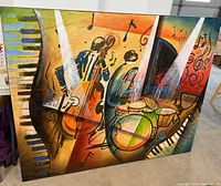 Front view of entire painting showing abstract jazz band imagery and gallery-wrapped edges